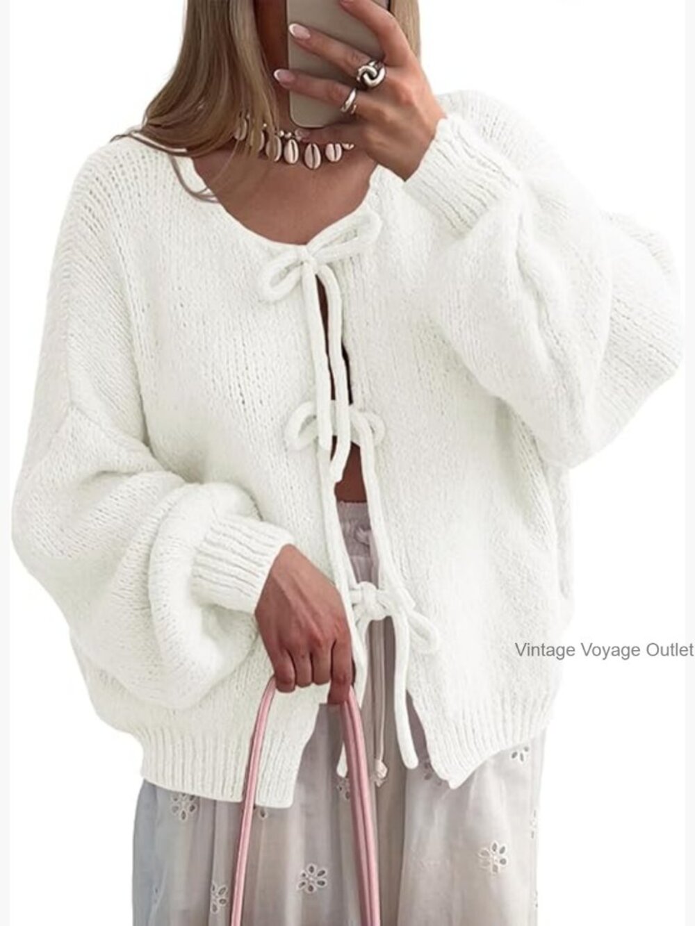 Oversized Ribbed Cardigan with Bow Tie Front and Puff Sleeves